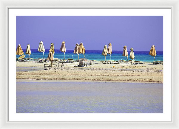 Beach, Sea And Umbrellas - Framed Print