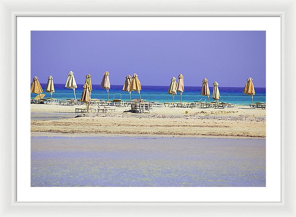 Beach, Sea And Umbrellas - Framed Print