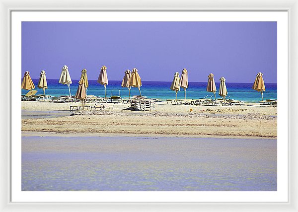 Beach, Sea And Umbrellas - Framed Print